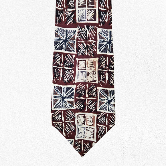 90s Vintage Brown Abstract Geometric Print Retro Postscripts by Superba Silk Tie - Picture 1 of 5
